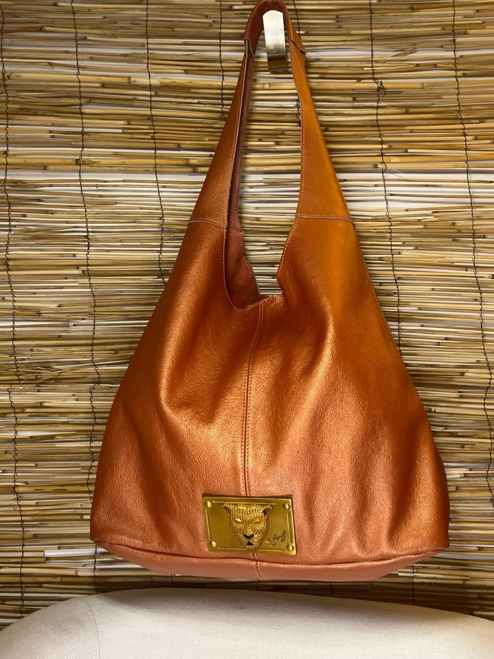 Sharif Copper-Orange Leather Shoulder Bag with Gold Plate